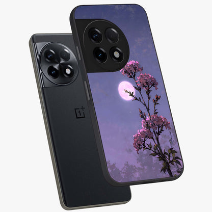 Moonlit Petal Night Glass Case for 1+11R angled mockup showcasing glossy finish and subtle moonlight detailing