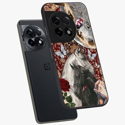 Moonlit Royal Stallion Glass Case for 1+11R angled mockup showcasing glossy finish and deep midnight tones