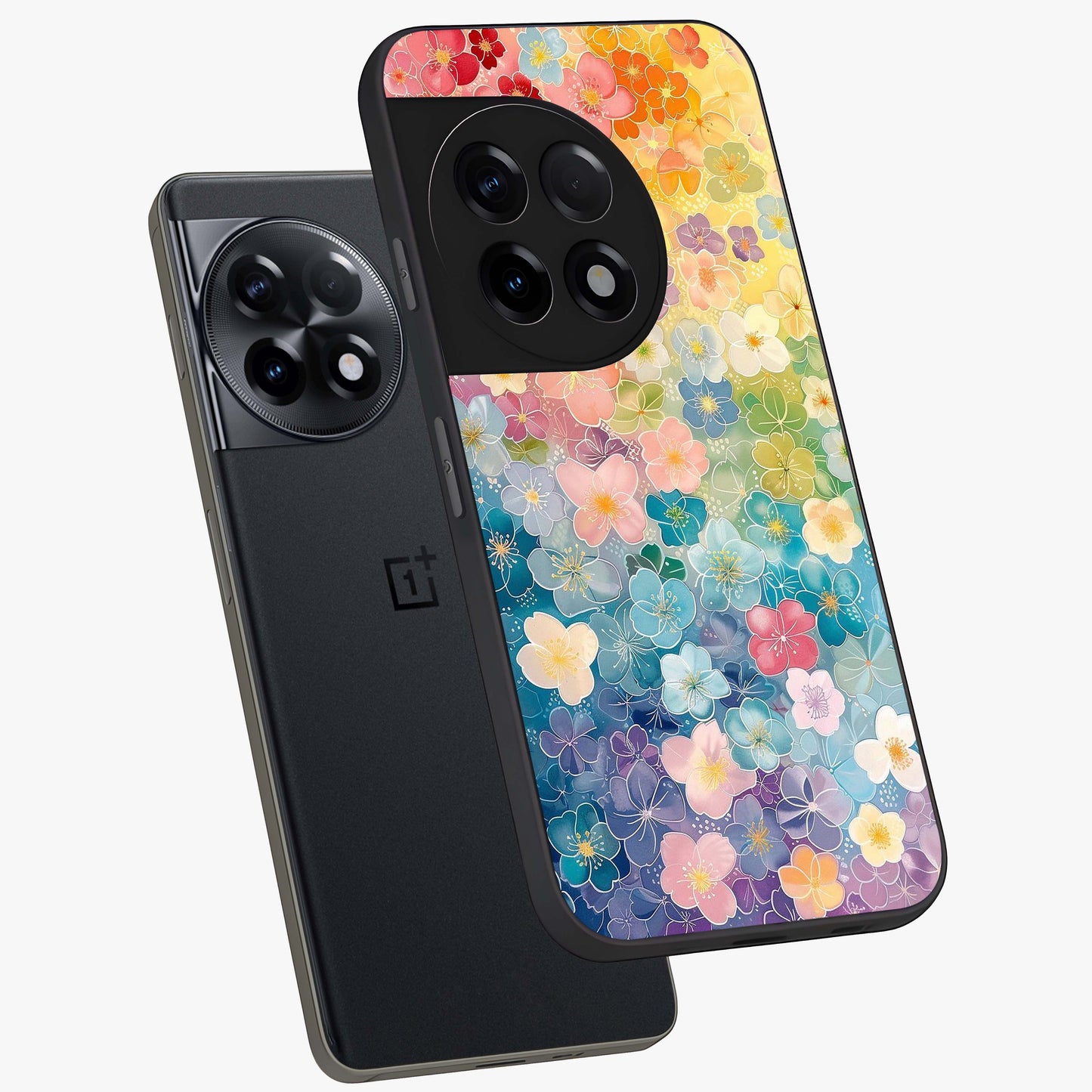 Multiple Background With Flower Glass Case for 1+11R angled mockup showcasing glossy glass finish and colorful detailing