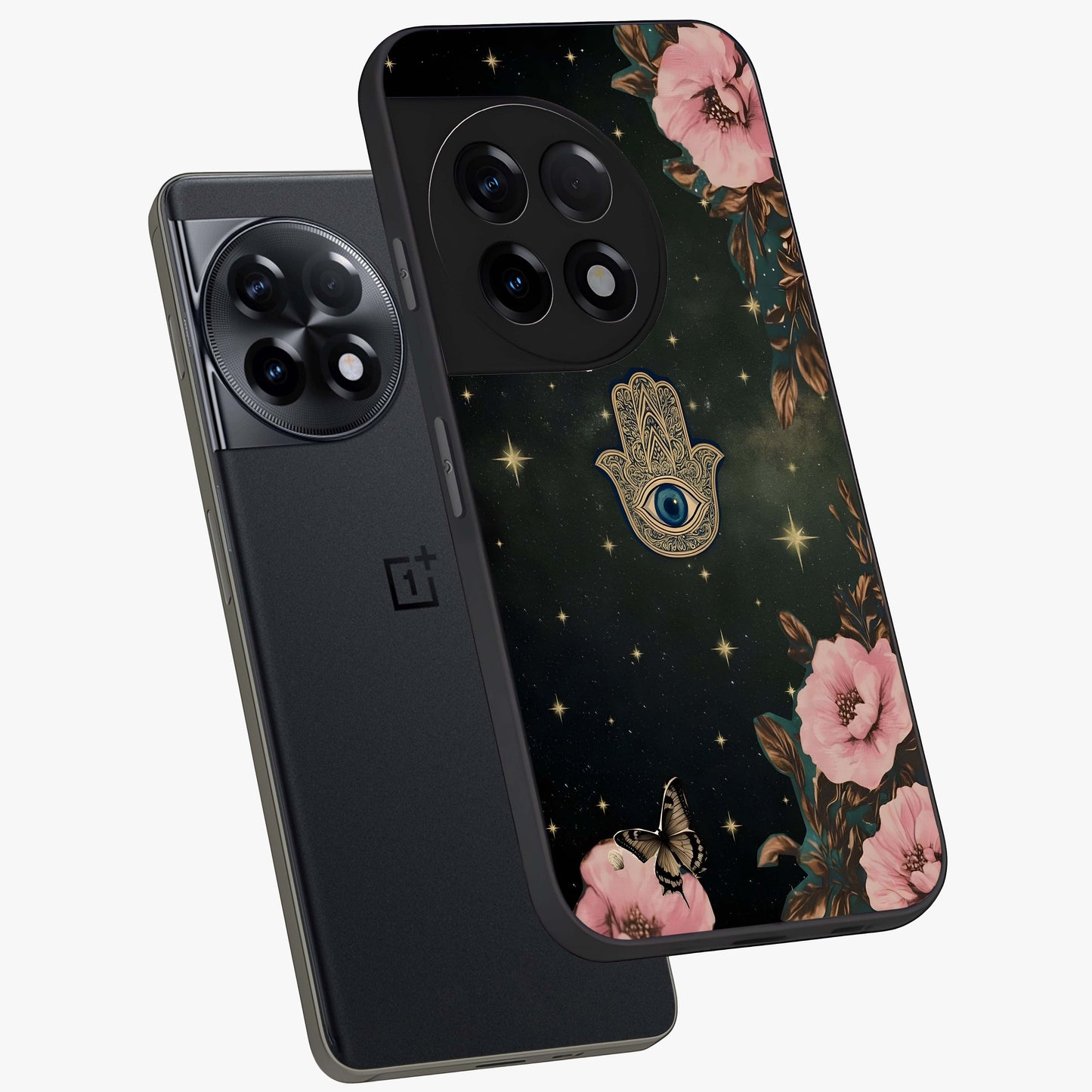 Mystic Bloom Protection Glass Case for 1+11R angled mockup showcasing glossy finish and vibrant spiritual tones