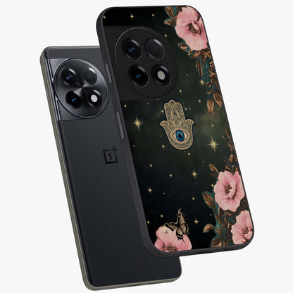 Mystic Bloom Protection Glass Case for 1+11R angled mockup showcasing glossy finish and vibrant spiritual tones