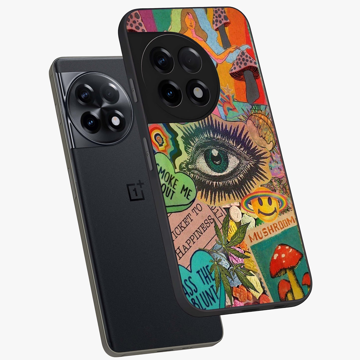 Mystic Eye Wonderland Glass Case for 1+11R angled mockup showcasing glossy finish and vibrant cosmic tones