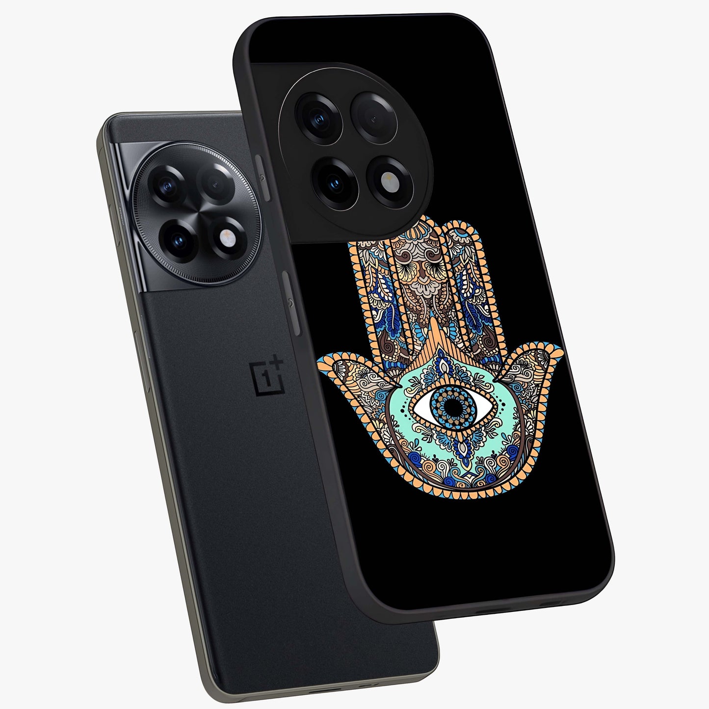 Mystic Hamsa Eye Glass Case for 1+11R angled mockup showcasing glossy finish and protective design elements