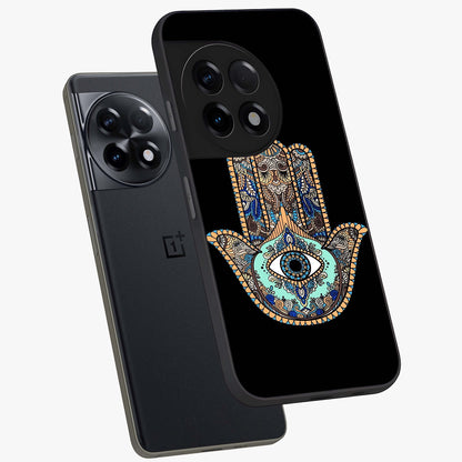 Mystic Hamsa Eye Glass Case for 1+11R angled mockup showcasing glossy finish and protective design elements