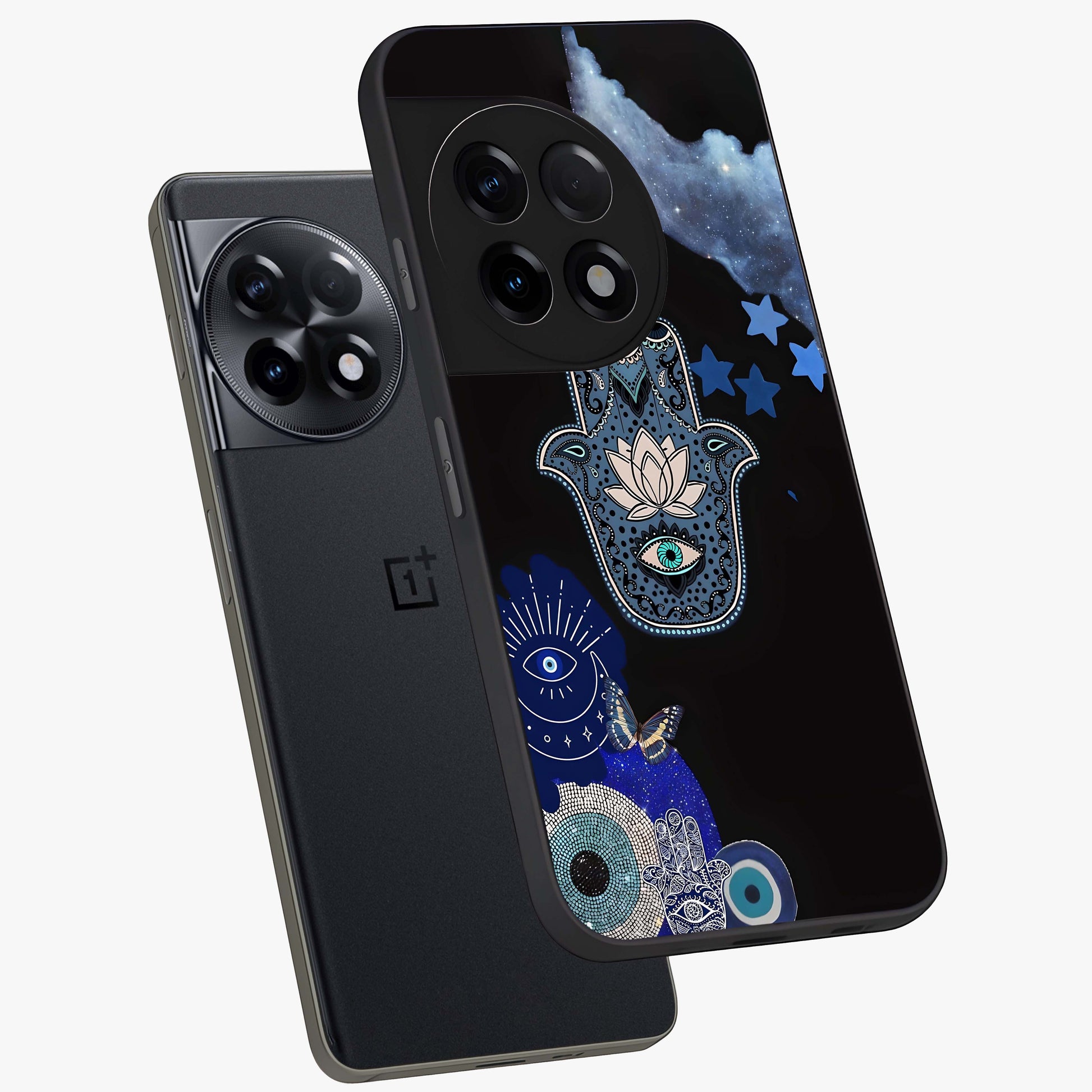 Mystic Hand Aura Glass Case for 1+11R angled mockup showcasing glossy finish and radiant mystical detailing