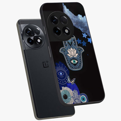 Mystic Hand Aura Glass Case for 1+11R angled mockup showcasing glossy finish and radiant mystical detailing