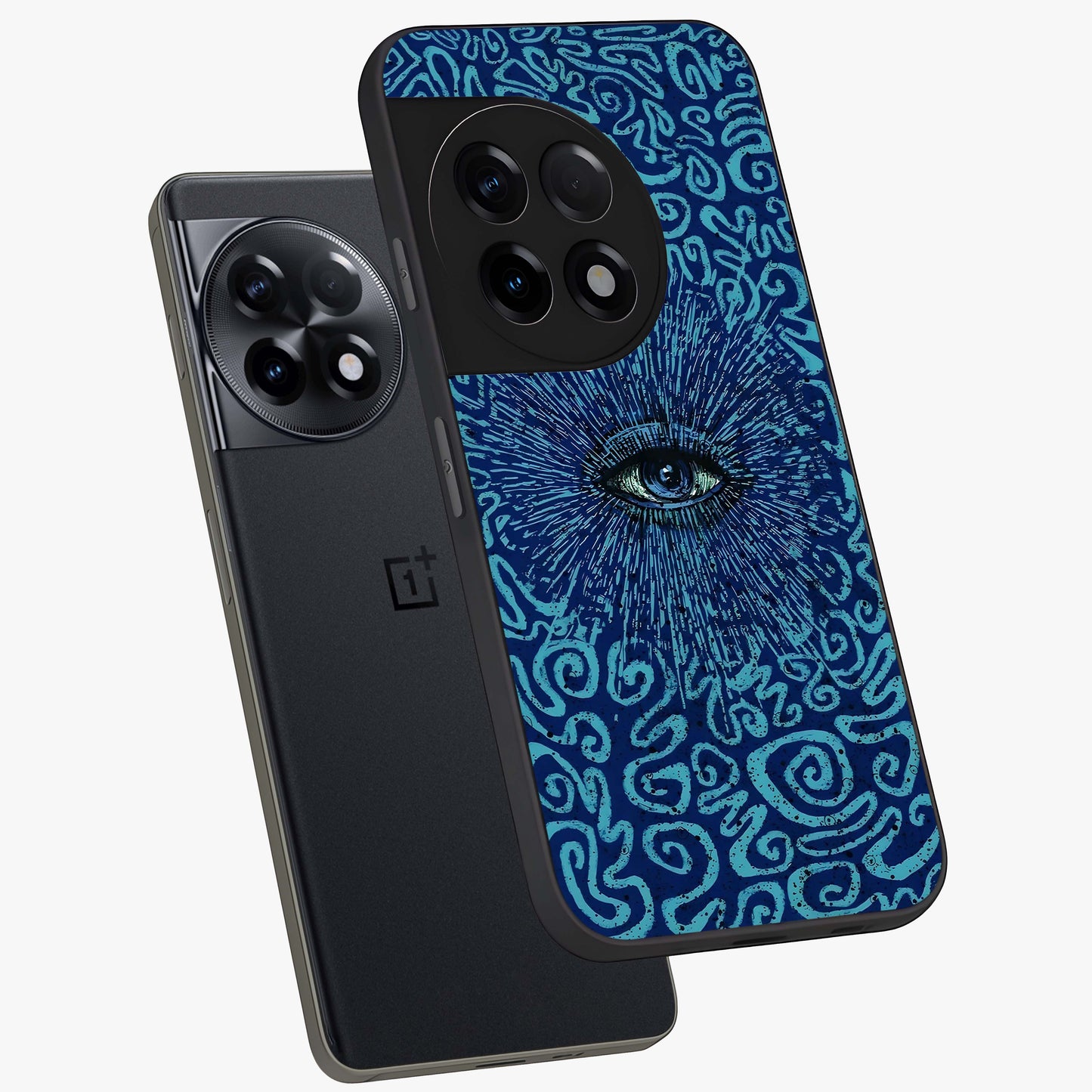 Mystic Inner Eye Glass Case for 1+11R angled mockup showcasing glossy finish and deep cosmic gradients