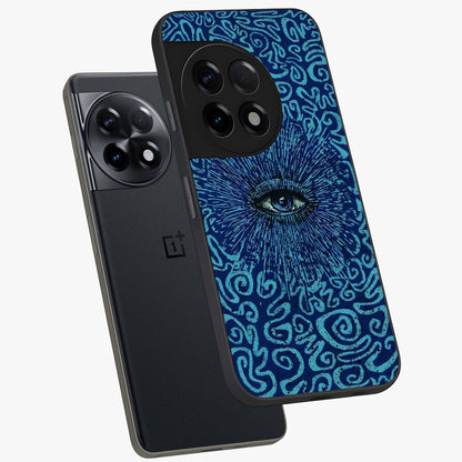 Mystic Inner Eye Glass Case for 1+11R angled mockup showcasing glossy finish and deep cosmic gradients