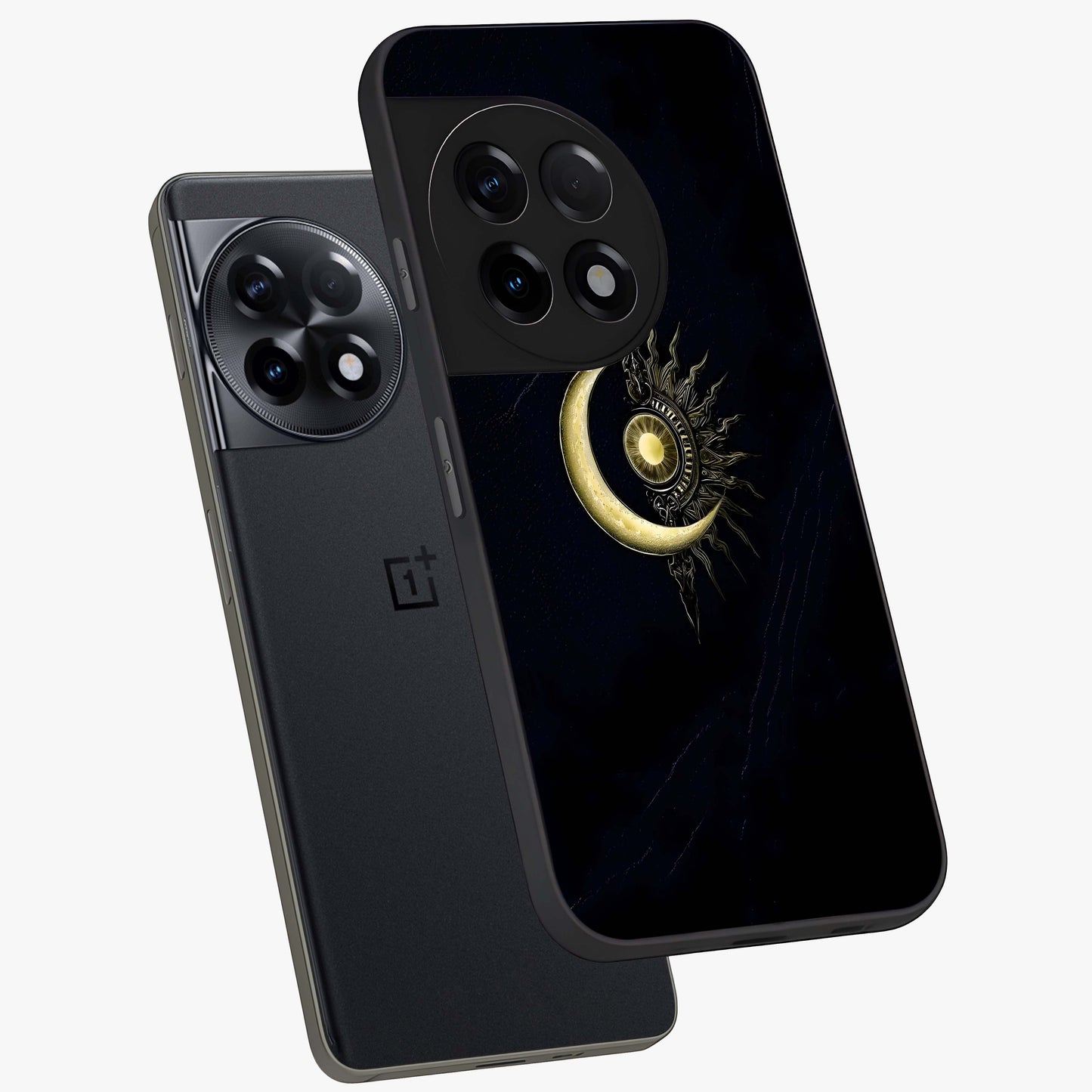Mystic Lunar Flame Glass Case for 1+11R angled mockup showcasing glossy finish and glowing night tones