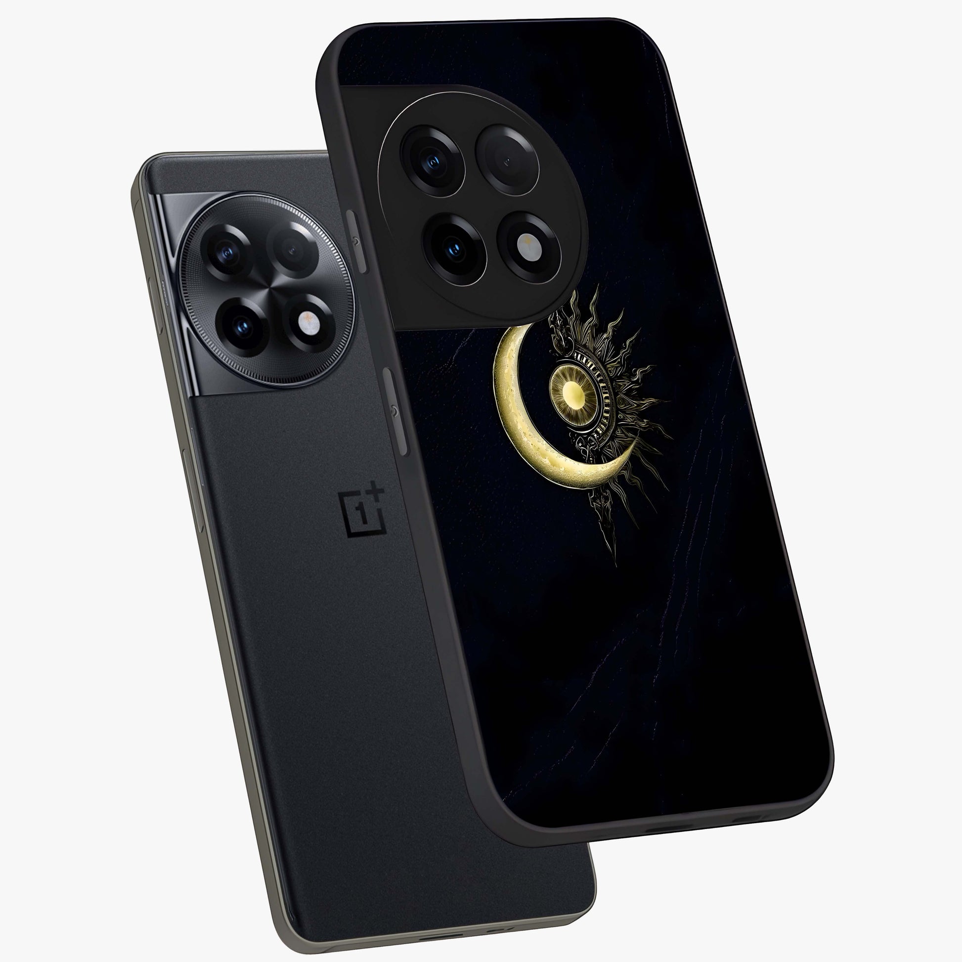 Mystic Lunar Flame Glass Case for 1+11R angled mockup showcasing glossy finish and glowing night tones