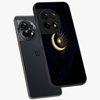 Mystic Lunar Flame Glass Case for 1+11R angled mockup showcasing glossy finish and glowing night tones