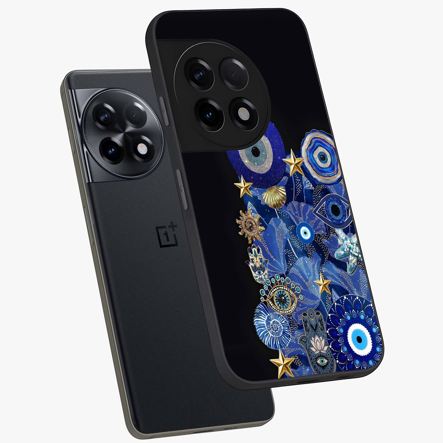 Mystic Ocean Eye Glass Case for 1+11R angled mockup showcasing glossy finish and fluid wave detailing