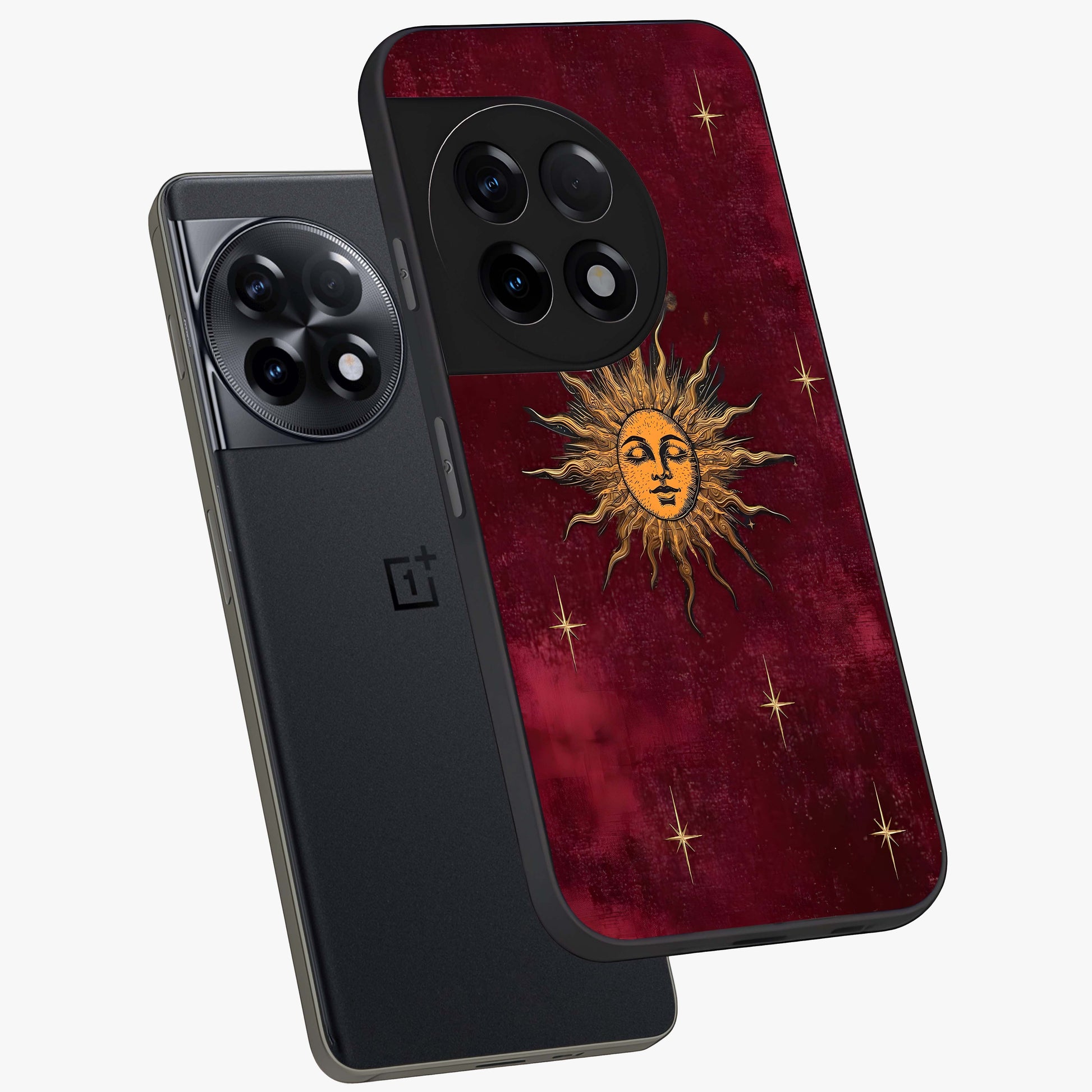 Mystic Solar Glow Glass Case for 1+11R angled mockup showcasing glossy glass finish and warm golden tones