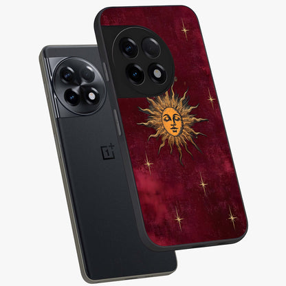 Mystic Solar Glow Glass Case for 1+11R angled mockup showcasing glossy glass finish and warm golden tones