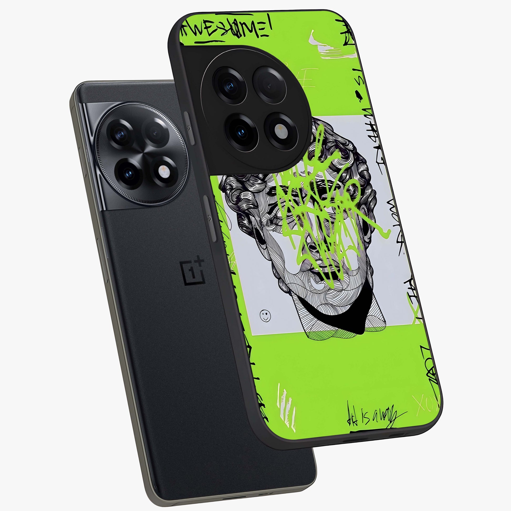 Neo Graffiti Rebellion Glass Case for 1+11R angled mockup showcasing glossy finish and urban neon detailing