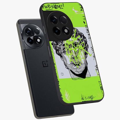 Neo Graffiti Rebellion Glass Case for 1+11R angled mockup showcasing glossy finish and urban neon detailing