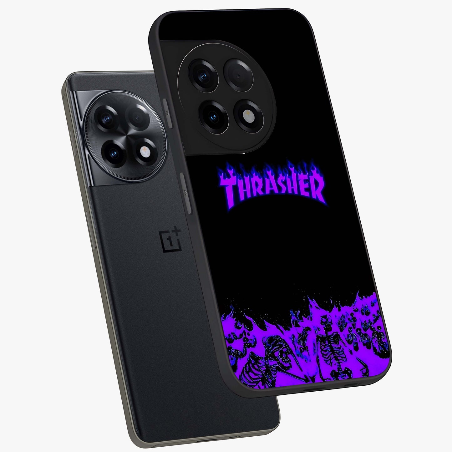 Neon Flame Riot Glass Case for 1+11R angled mockup showcasing glossy finish and high contrast colors