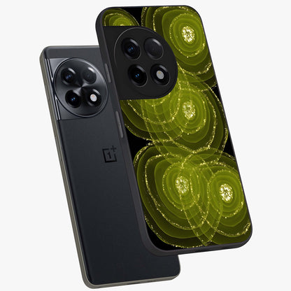 Neon Orbit Bloom Marble Glass Case for 1+11R angled mockup showcasing glossy finish and vibrant bloom detailing
