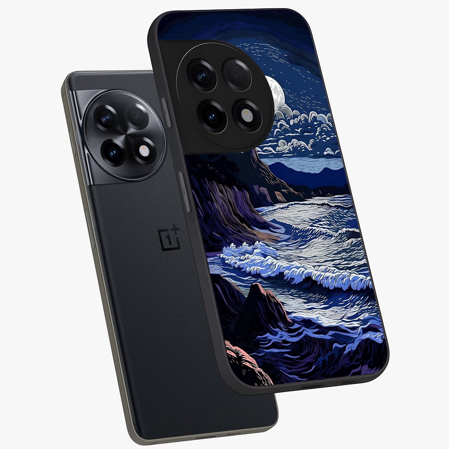 Night Moon Scenery Pattern Glass Case for 1+11R angled mockup showcasing glossy finish and deep night tones