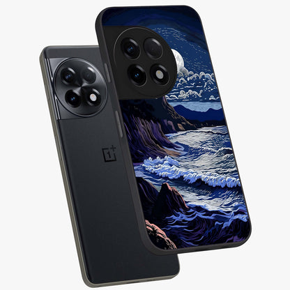 Night Moon Scenery Pattern Glass Case for 1+11R angled mockup showcasing glossy finish and deep night tones