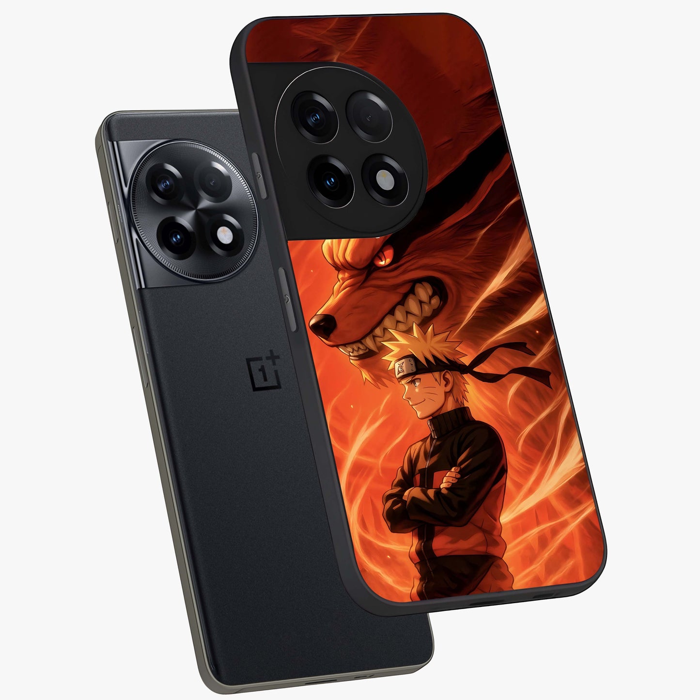 Nine Tails Legacy Glass Case for 1+11R angled mockup showcasing glossy finish and dramatic fiery tones