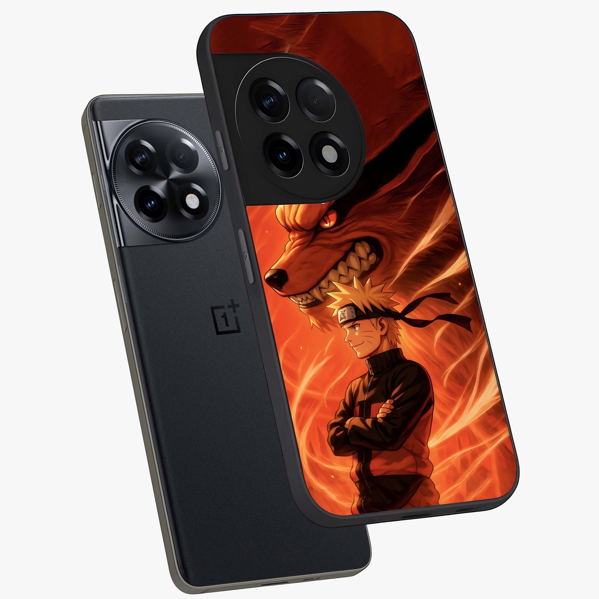 Nine Tails Legacy Glass Case for 1+11R angled mockup showcasing glossy finish and dramatic fiery tones