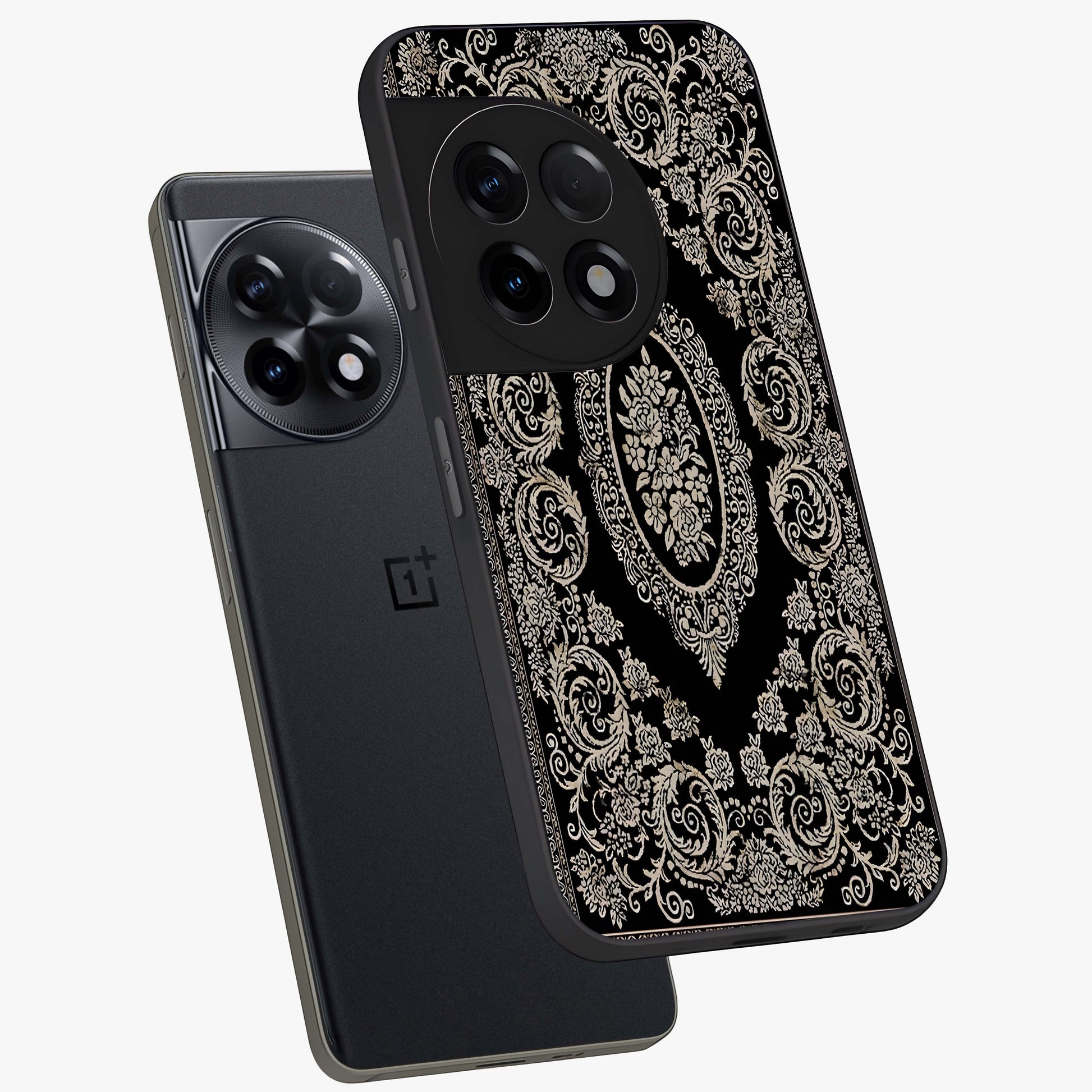 Noir Bloom Elegance Glass Case for 1+11R angled mockup showcasing glossy finish and refined bloom detailing