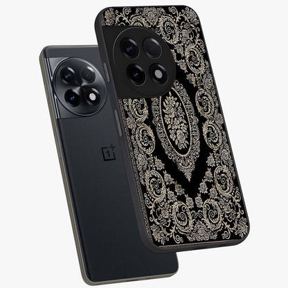 Noir Bloom Elegance Glass Case for 1+11R angled mockup showcasing glossy finish and refined bloom detailing