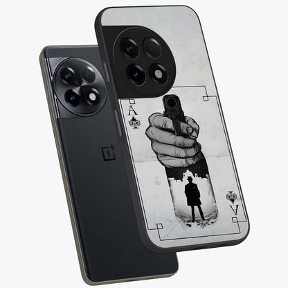 Noir Trigger Fate Glass Case for 1+11R angled mockup showcasing glossy finish and intense shadow detailing