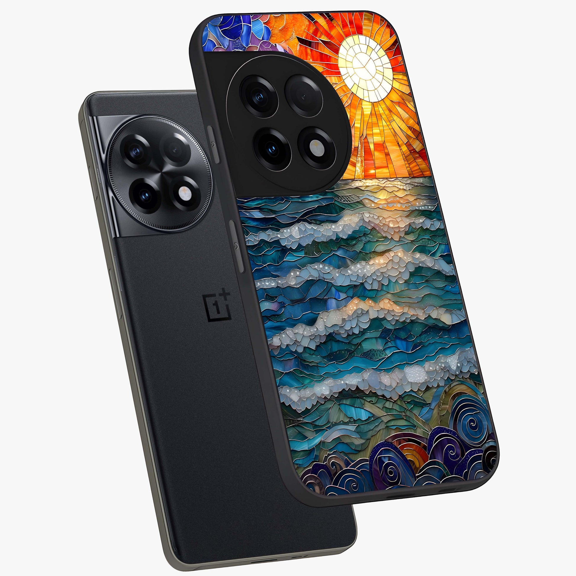 Oceanic Stained Printed Glass Case for 1+11R angled mockup showcasing glossy finish and rich aquatic tones