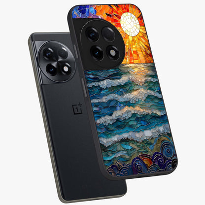 Oceanic Stained Printed Glass Case for 1+11R angled mockup showcasing glossy finish and rich aquatic tones