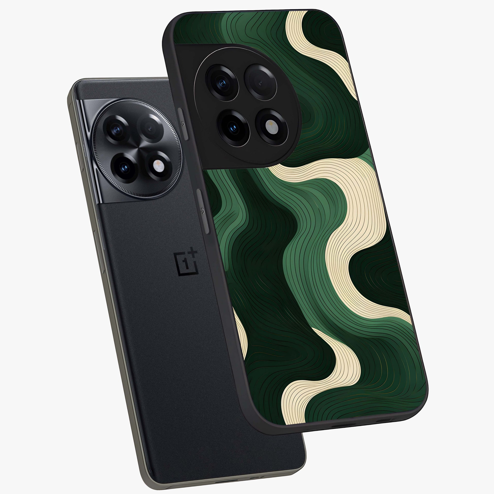 Organic Swirl Design Glass Case for 1+11R angled mockup showcasing glossy finish and smooth gradient tones