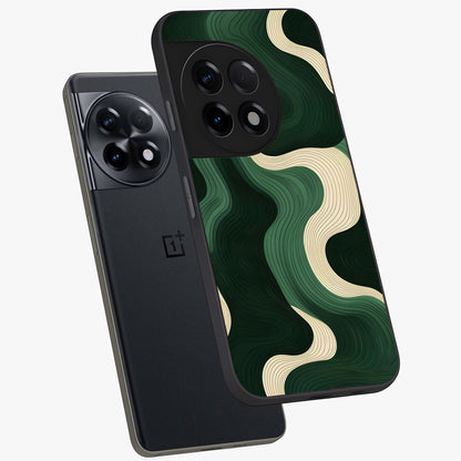 Organic Swirl Design Glass Case for 1+11R angled mockup showcasing glossy finish and smooth gradient tones