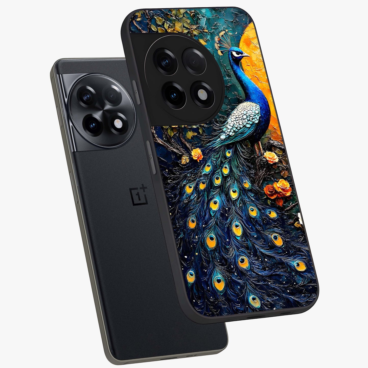 Peacock With Yellow Moon Glass Case for 1+11R angled mockup showcasing glossy finish and deep night tones