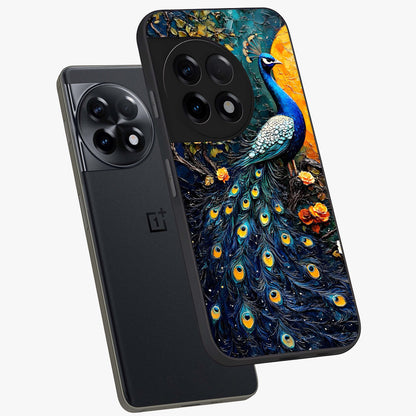 Peacock With Yellow Moon Glass Case for 1+11R angled mockup showcasing glossy finish and deep night tones