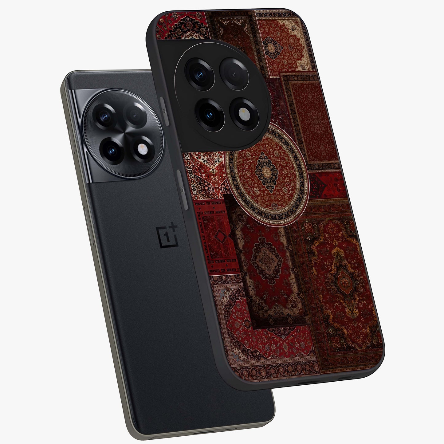 Persian Heritage Collage Glass Case for 1+11R angled mockup showcasing glossy finish and detailed ornamental patterns