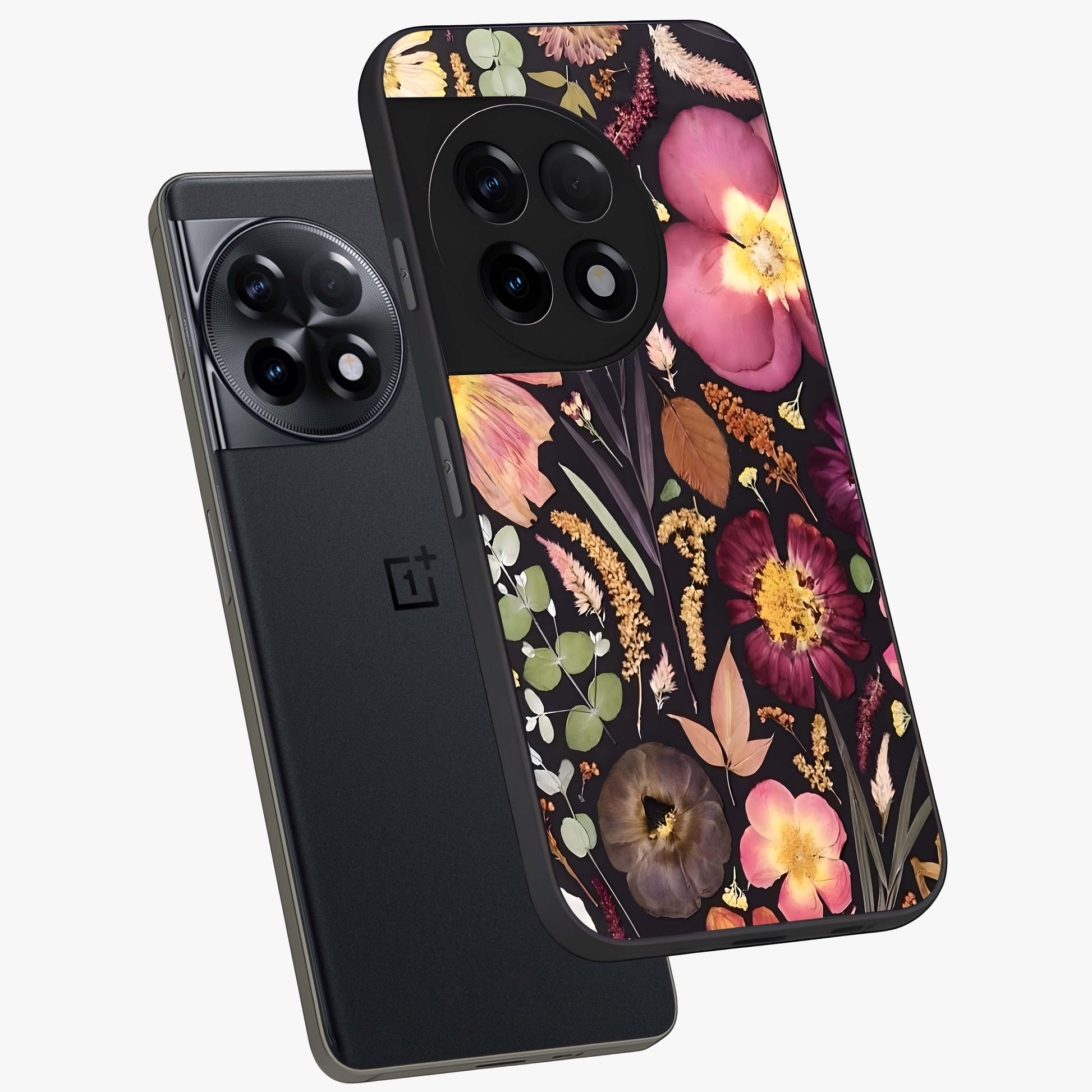 Petal Dream Tapestry Glass Case for 1+11R angled mockup showcasing glossy finish and rich bloom detailing
