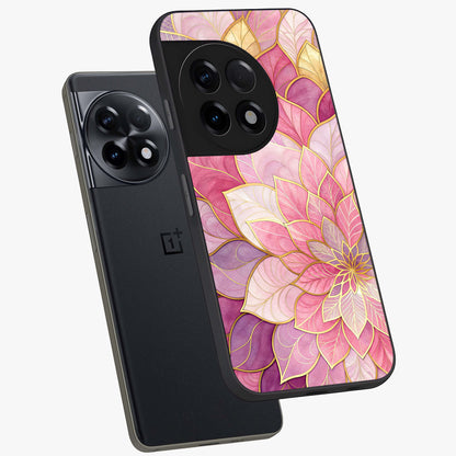 Petal Luxe Bloom Glass Case for 1+11R angled mockup showcasing glossy finish and vibrant bloom accents