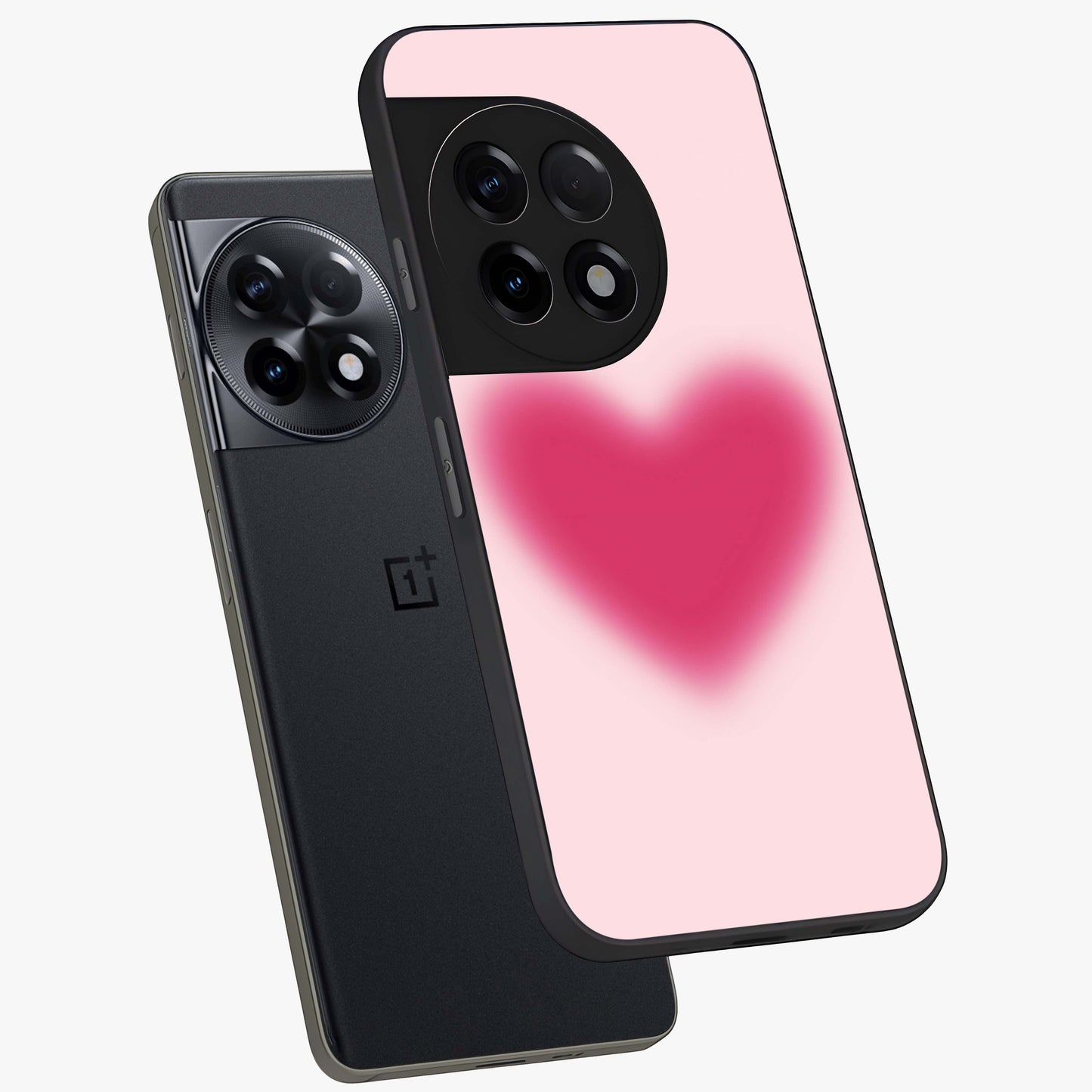 Pink Aura Heart Glass Case for 1+11R angled mockup showcasing glossy glass finish and radiant aura detailing