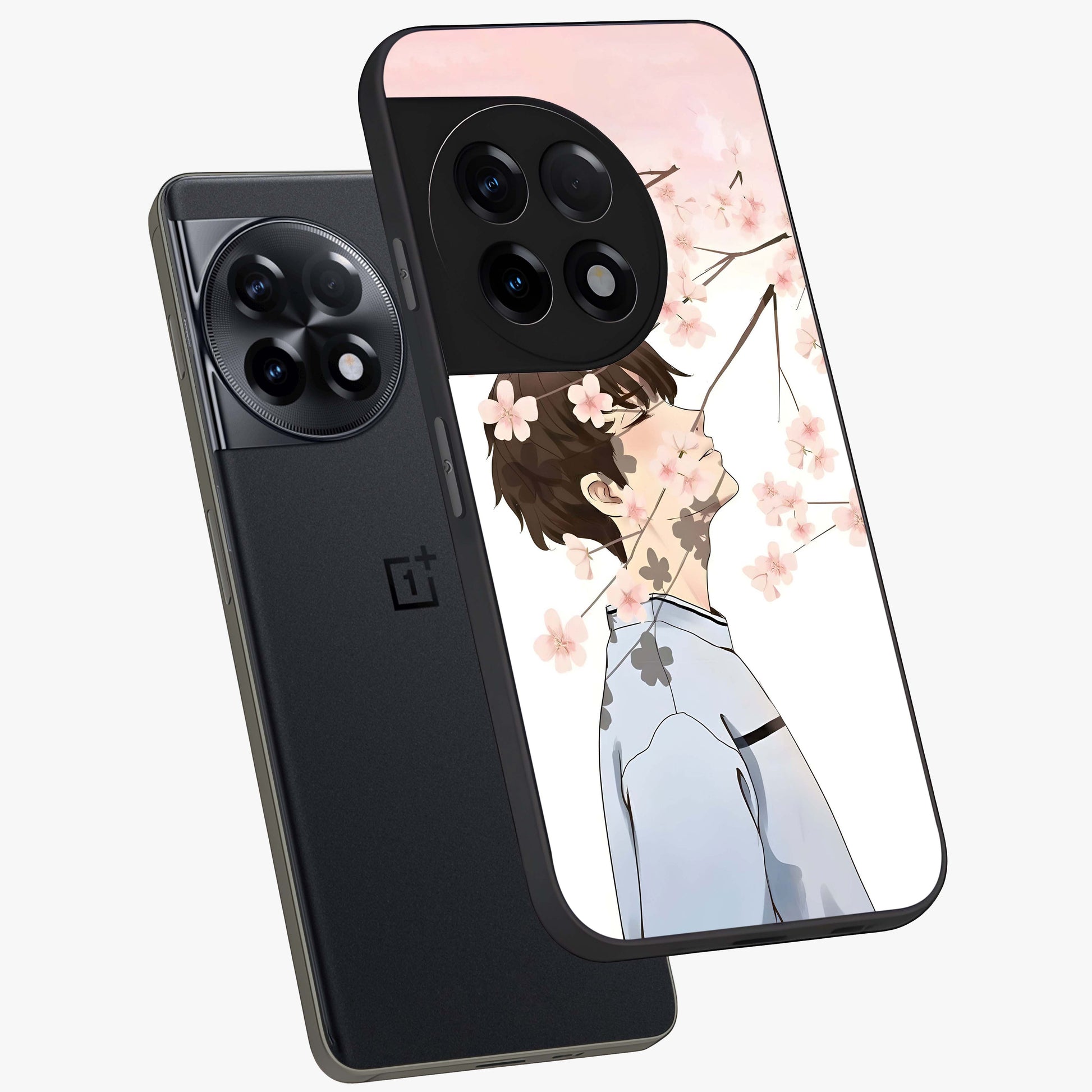 Pink Blossom Boy Glass Case for 1+11R angled mockup showcasing glossy finish and soft bloom tones