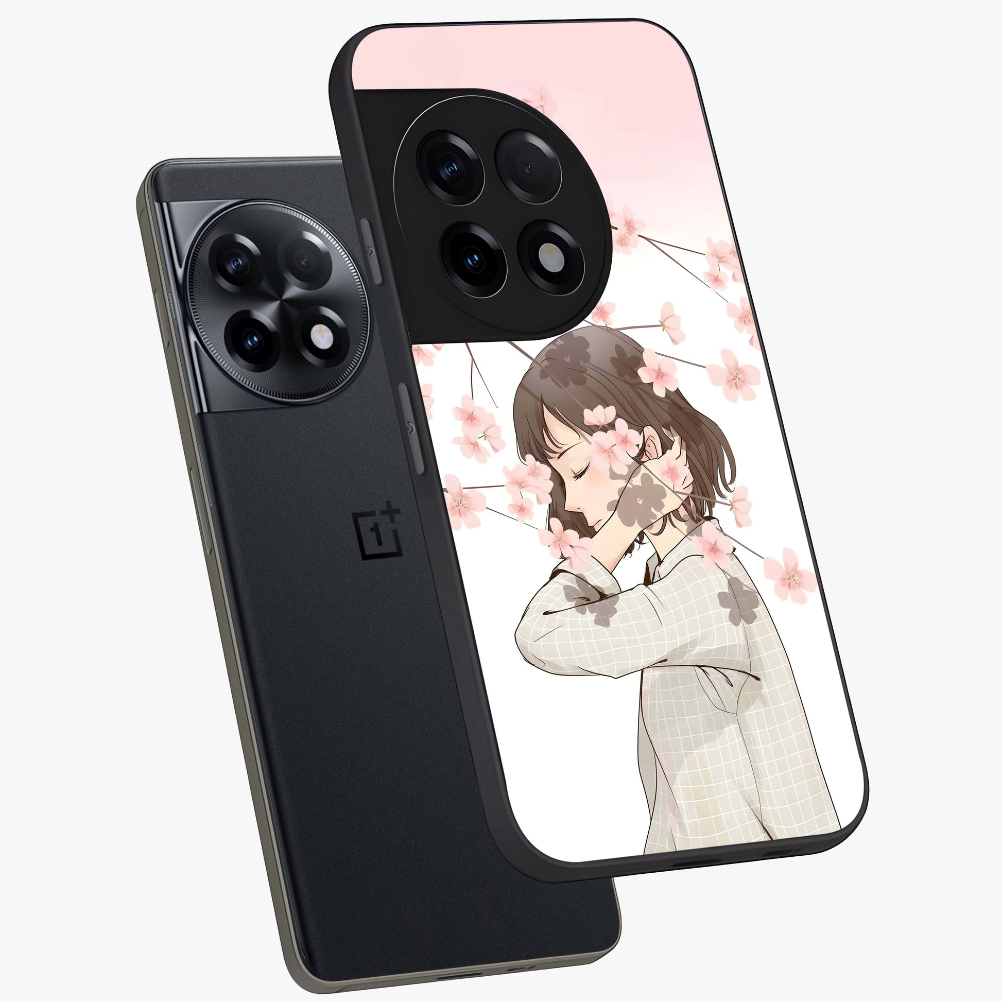 Pink Blossom Girl Glass Case for 1+11R angled mockup showcasing glossy finish and pastel floral detailing