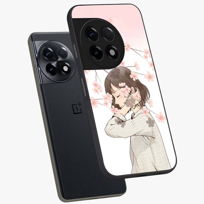 Pink Blossom Girl Glass Case for 1+11R angled mockup showcasing glossy finish and pastel floral detailing