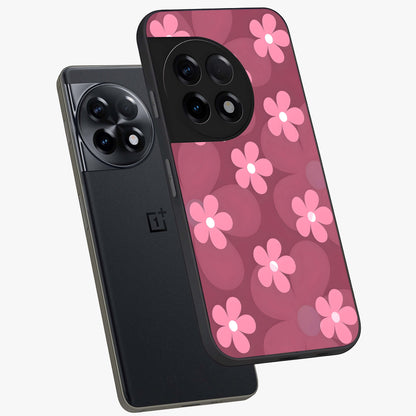 Pink Daisy Flower Pattern Glass Case for 1+11R angled mockup showcasing glossy finish and playful bloom detailing