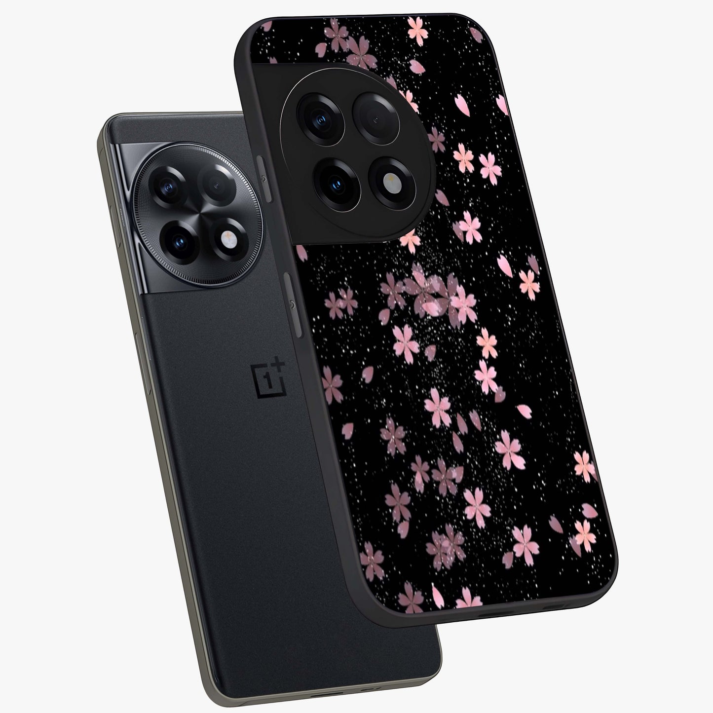 Pink Flower Black Background Glass Case for 1+11R angled mockup showcasing glossy finish and bold contrast tones