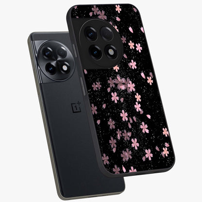 Pink Flower Black Background Glass Case for 1+11R angled mockup showcasing glossy finish and bold contrast tones