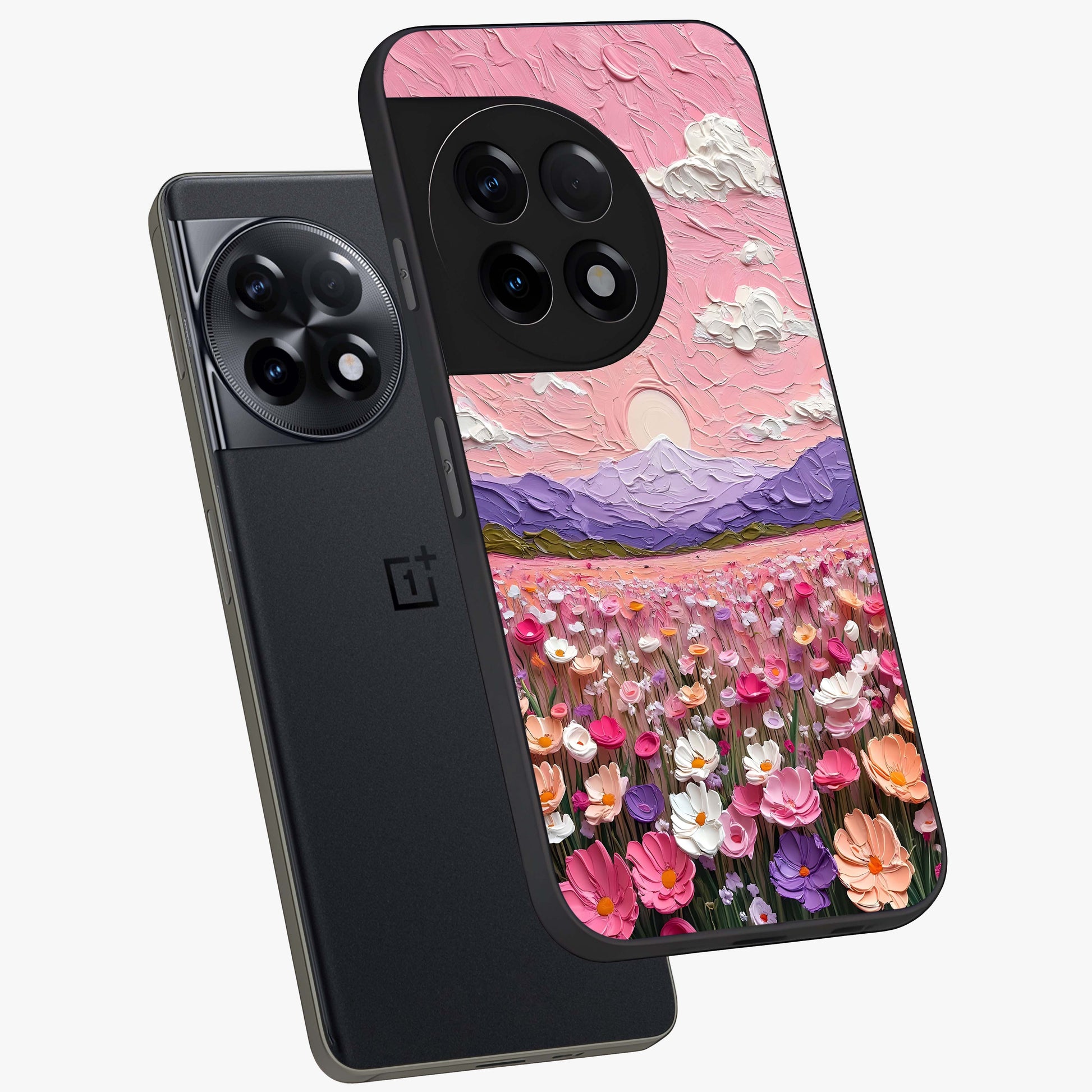 Pink Pastel Groovy Art Glass Case for 1+11R angled mockup showcasing glossy finish and vibrant abstract detailing