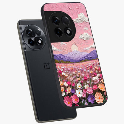 Pink Pastel Groovy Art Glass Case for 1+11R angled mockup showcasing glossy finish and vibrant abstract detailing