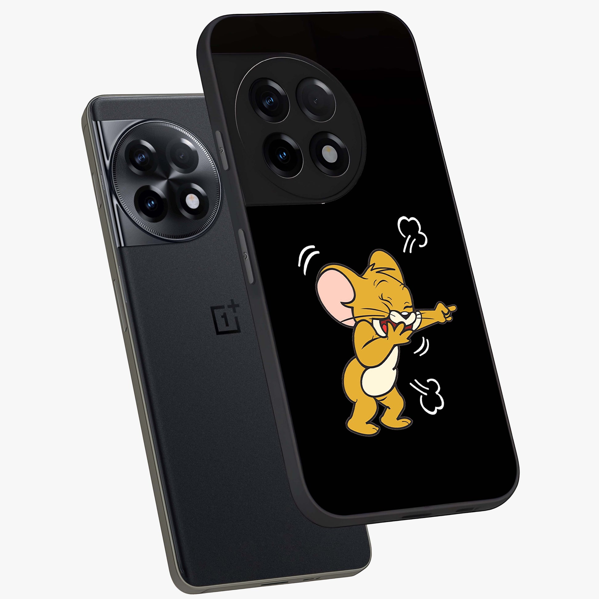 Playful Jerry Vibes Glass Case for 1+11R angled mockup showcasing glossy finish and vibrant character detailing