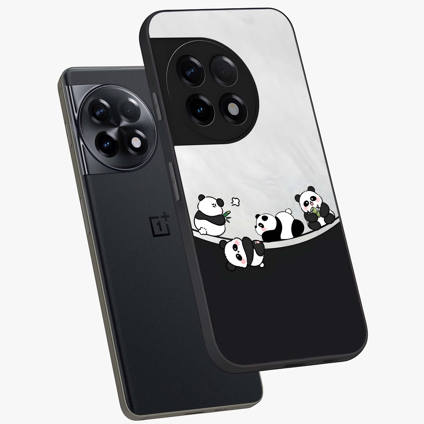 Playful Panda Parade Glass Case for 1+11R angled mockup showcasing glossy finish and soft pastel tones