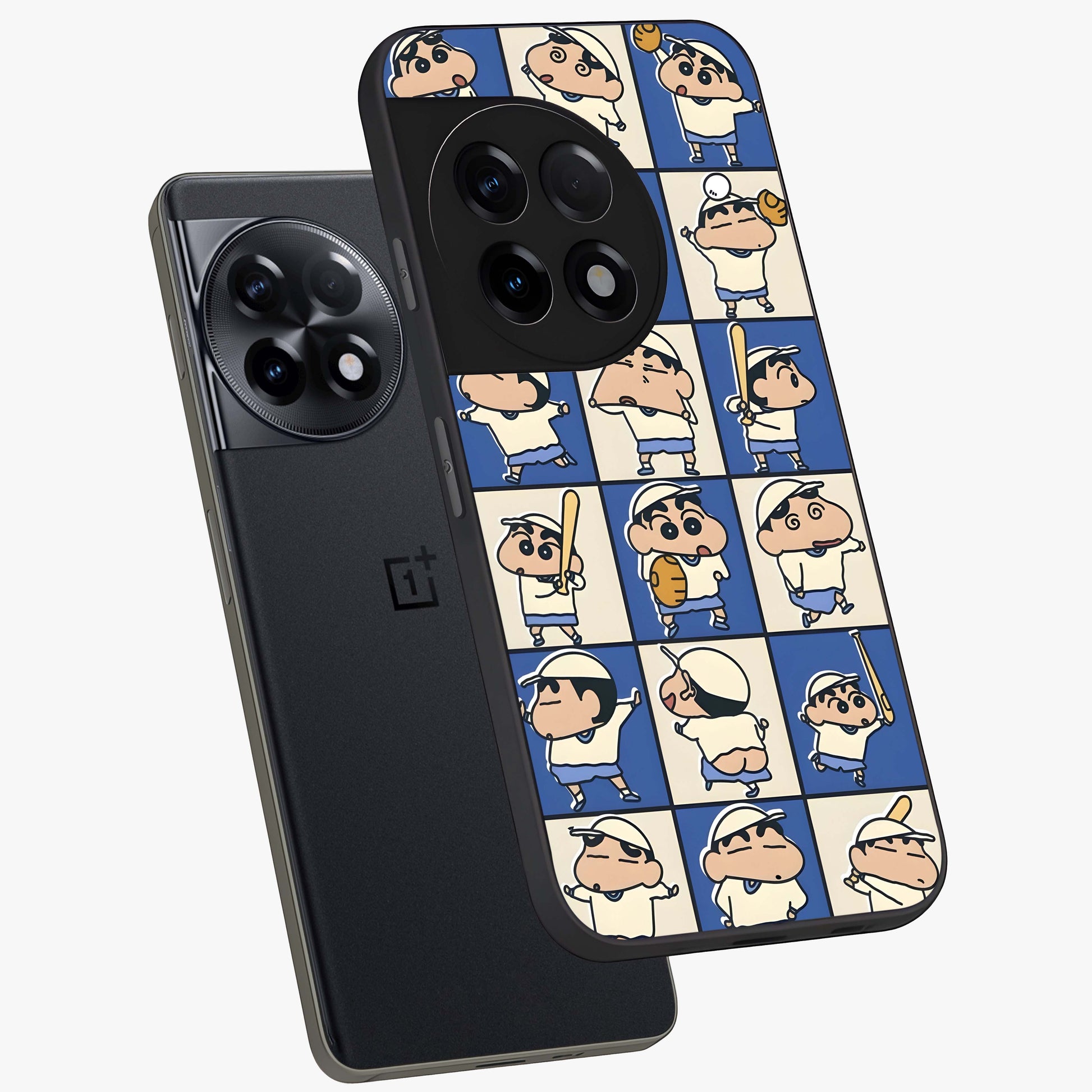 Playful Shin Swing Glass Case for 1+11R angled mockup showcasing glossy finish and vibrant cartoon detailing